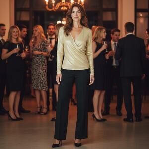 J. Peterman womens gold wrap blouse long sleeve tunic Size S. holiday NYE, party